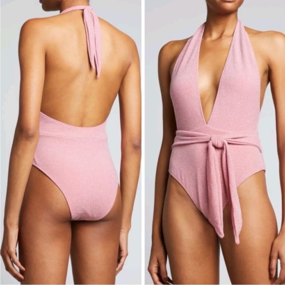 Ramy Brook Shimmery Pink Halter One-Piece with Tie Waist